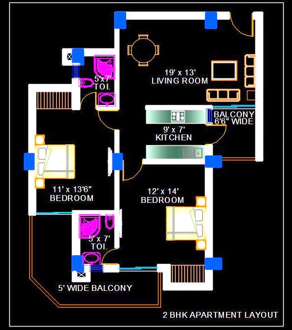 Spacious 2 BHK Apartment Autocad Drawing - Floor Plan & Layout